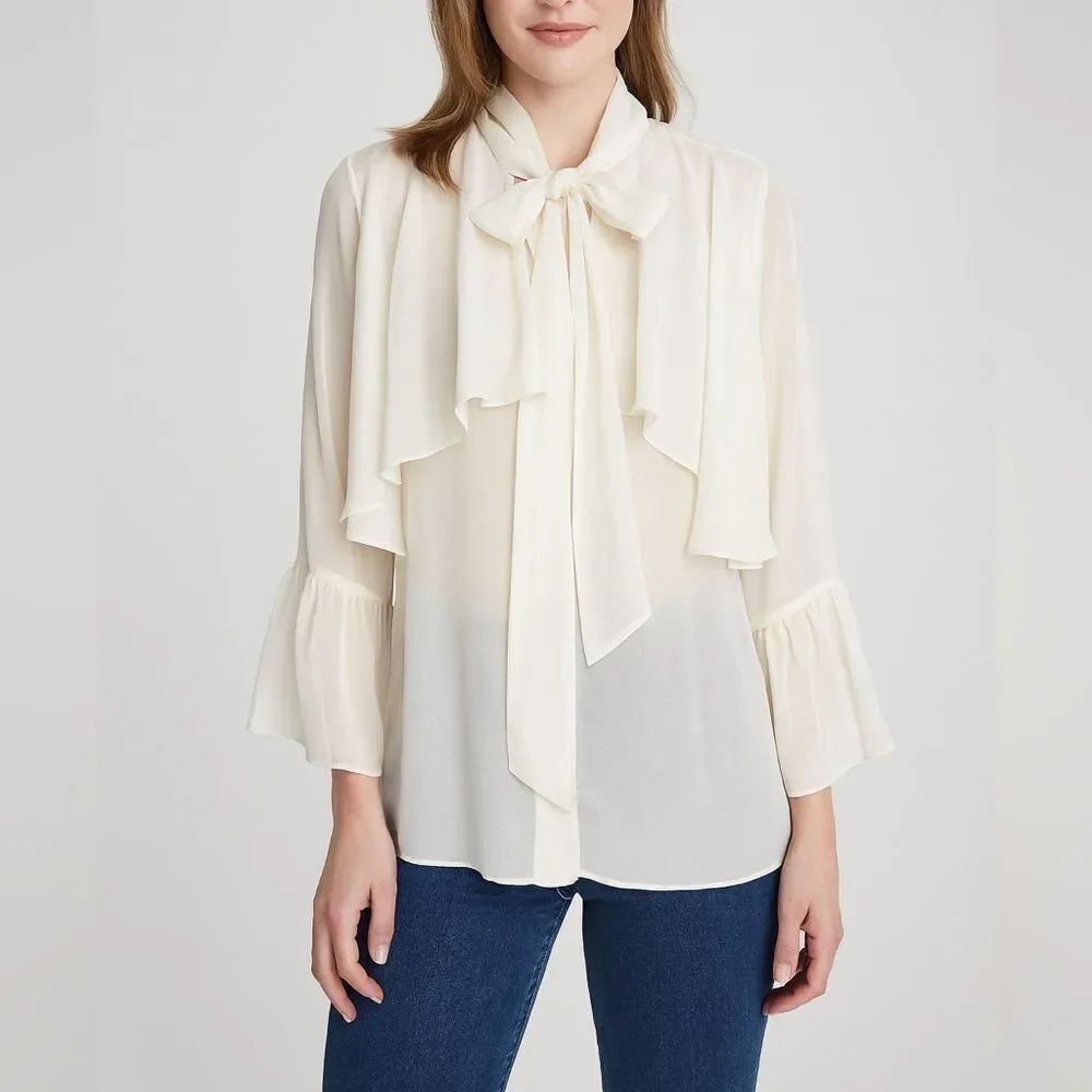 Sheer Ivory Silk Bow Tie Blouse Ruffle Sleeves Button Front Top Size M